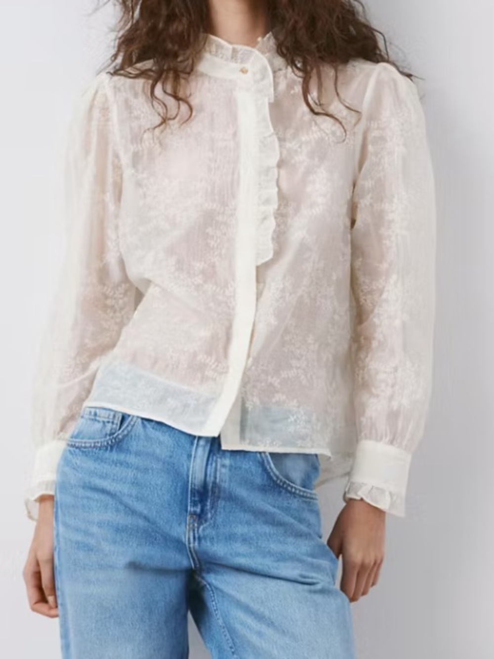 Mango Ivory Sheer Lace High-Neck Blouse LYOCELL WITH FLORAL EMBROIDERY 5824